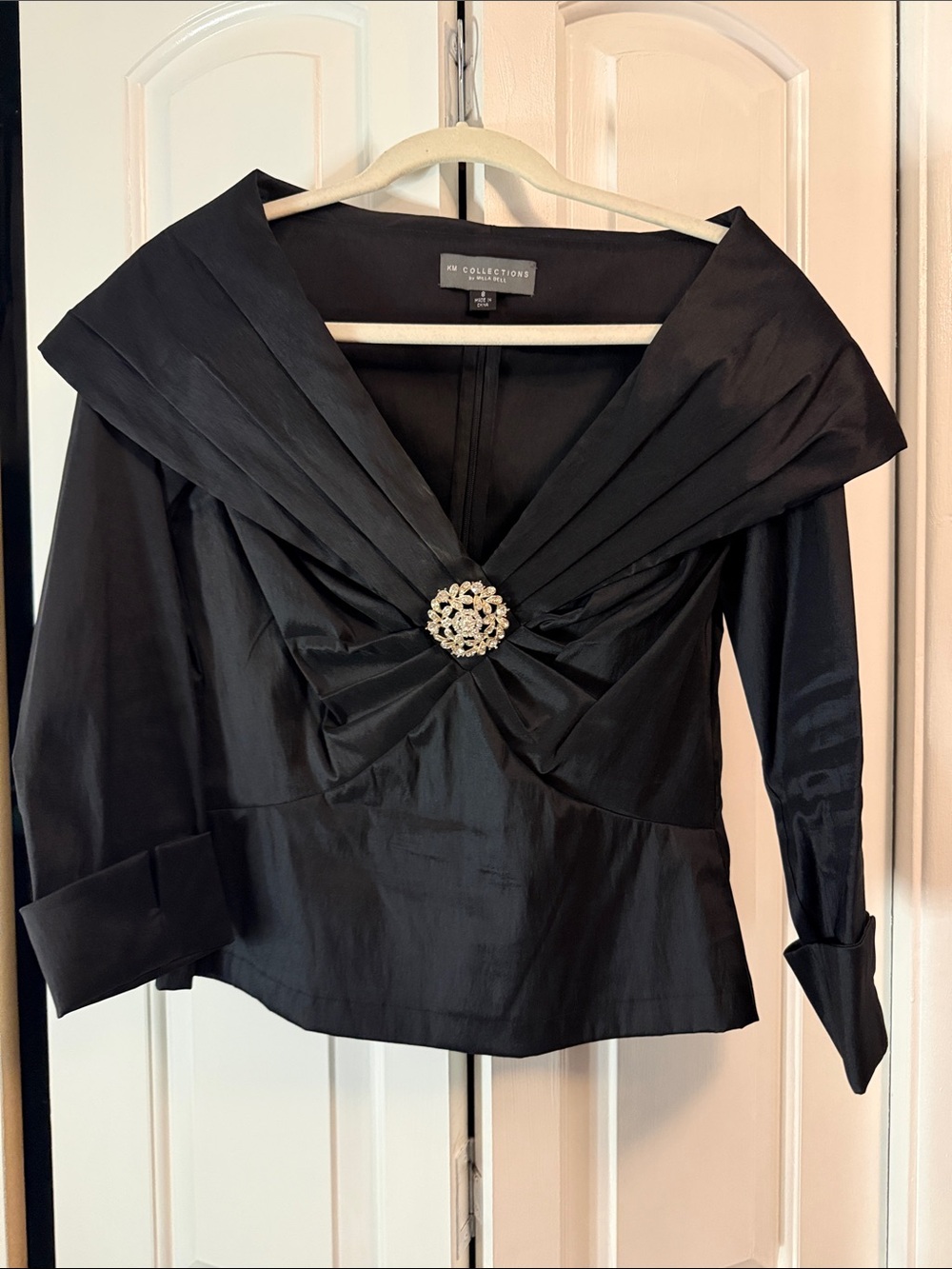 Black Satin Off-Shoulder Evening Top with Jewel Brooch